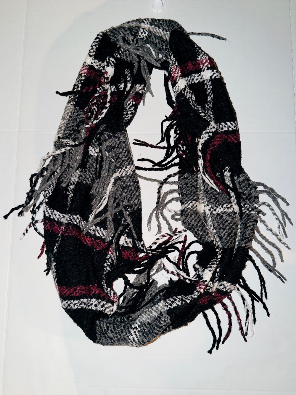 Elegant Plaid Pashmina Scarf Black Gray White Burgundy Fringed